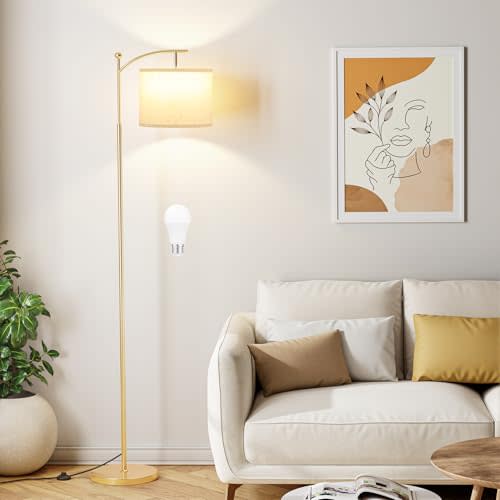 Ambimall 60" Floor Lamp with 3 Color Temperatures, Adjustable Beige Shade, Gold Pole - Tall Lamp for Living Room, Bedroom, Office, Classroom, Dorm - 9W Bulb Included