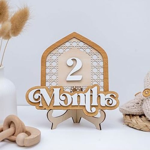 Wooden Baby Monthly Milestone Set with Patterned House Frame, 3D Layered Numbers and Months Sign, Natural Wood Newborn Photo Prop for Baby Monthly Pictures