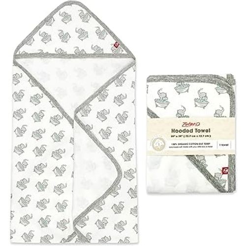 Zutano Hooded Baby Towels, Organic Cotton Baby Bath Towel, Ultra Soft and Absorbent Baby Towel for Newborn and Infant | Girl, Boy, and Unisex Towel Set, Elephant Bath Time, 1-Pack