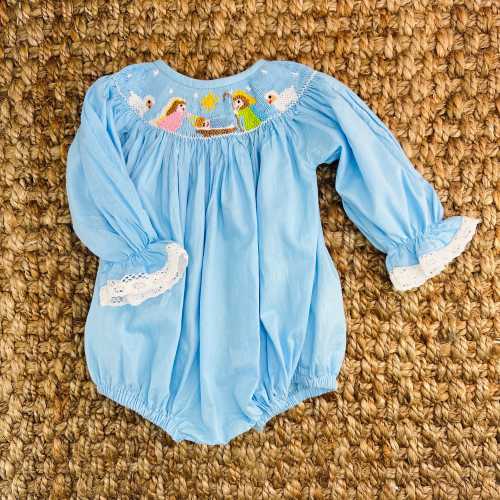 Christmas Nativity Smocked Bubble in Light Blue - Smocked Romper, Bubble Romper, Baby Girl, Heirloom 657 *B
