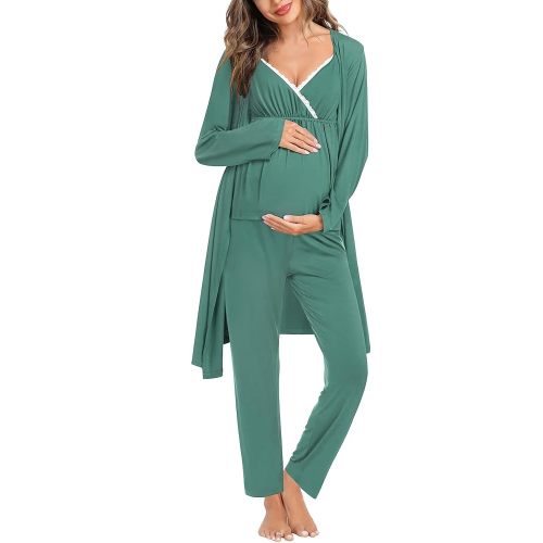 SWOMOG Maternity Nursing Robe Set 3 Piece Breastfeeding Pajamas 3 in 1 Labor Delivery Sleevless Tops&Long Pants Pregnancy Pjs