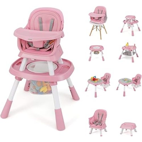 INFANS 9 in 1 High Chair, Convertible Baby Highchair for Babies and Toddlers, Table and Chair Set Building Block Infant Dining Booster Seat, Kids Stool with Activity Children Play Kitchen (Pink)