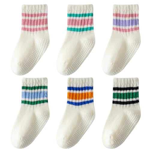 Toddler Grip Socks with Non-Slip, Unisex Baby Retro Stripe Seamless Crew Ankle Cotton Socks for Girls Boys 6 Pairs