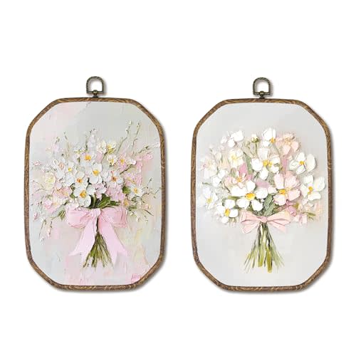 Hxlac Vintage Pink Bow Floral Bouquet Rectangular Wall Art Framed Set of 2, White Floral Rectangular Wall Decor, Spring Flower Hanging Canvas Prints Wall Sculptures for Bedroom Decor, 8.5x11.5 Inch