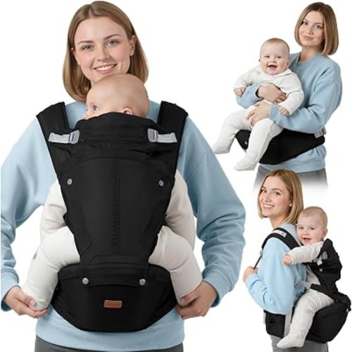 BabbleRoo 6-in-1 Baby Carrier with Hip Seat, Ergonomic Newborn to Toddler Carrier 7–50 lbs, Front Back Hip Carry, Lumbar Support, Sun Hood, Safety-Certified, Black