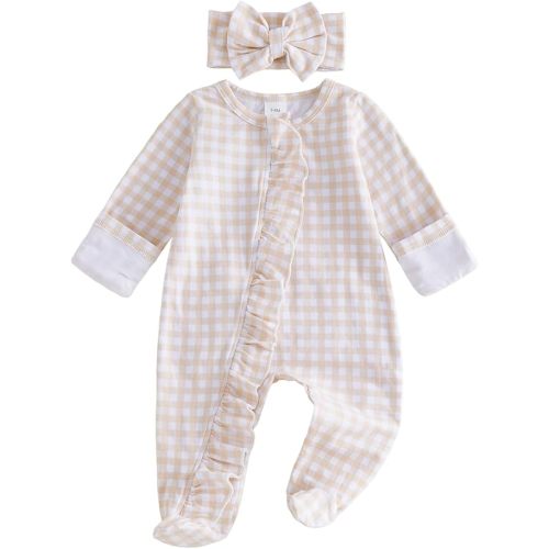 Newborn Girls Fall Outfits Long Sleeve Romper Plaid Print Footed Zipper Jumpsuit with Bow Headband Infant Clothes