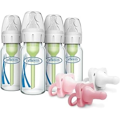 Dr. Brown's Anti-Colic Glass Baby Bottles 4 oz, 4-Pack + HappyPaci Silicone Pacifiers, White/Pink Set, 3-Pack | Anti-Colic Bottles with Slow Flow Nipples & Soft, BPA-Free Pacifiers for Newborns