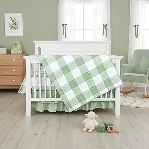 4-Piece Crib Bedding Set for Girls Boys, Baby Crib Bedding Set for Newborn & Infant, Neutral Nursery Bed Set Includes Comforter, Fitted Sheet, Crib Skirt, and Diaper Stacker, Green Checkered
