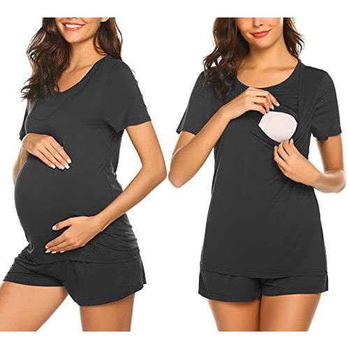 Ekouaer Maternity Pajamas Set Labor/Delivery/Nursing for Hospital Home, Basic Nursing Shirt, Adjustable Size Pregnancy Shorts