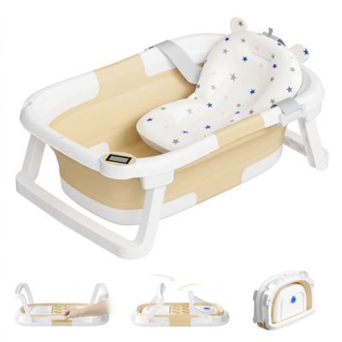 TUMAJUP Collapsible Baby Bathtub for Infants and Toddlers with Bath Net and Thermometer-Khaki
