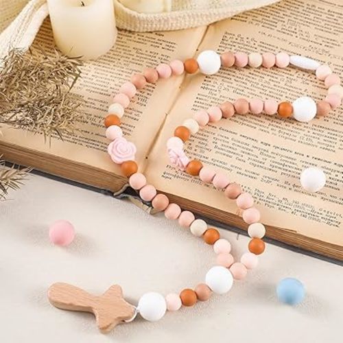 Misdary Baby Rosary Baptism Gift Silicone God Bless Kids First Rosary with Cross 1st Year Baptism Party Supply for Baby Shower Christian Communion Gifts(Pink,Flowers)