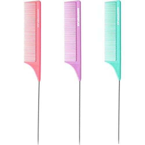 3 PCS Rat Tail Combs Parting Rattail Combs Teasing Fine Tooth Comb with Metal Pick for Curly Hair,Detangling Combs for Women,Parting Combs for Braiding,Styling Hair(Pink Purple Green)