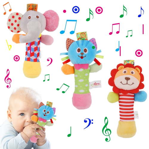 3 Pcs Baby Soft Rattles Toys,Baby Sensory Rattle Toys,Plush Animal Rattle Toys,Infant Squeak Sound Sensory Toys for 0-6 Months Newborn