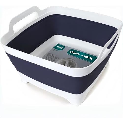 FOSJGO 2.4 Gal(9L) Collapsible Dish Basin with Drain Plug,Space Saving Multiuse Foldable Sink Tub,Dishpan,Kitchen Sink for Camping,Plastic Tub,Vegetable Washing,RV
