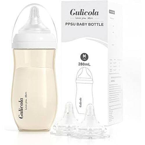Gulicola 5 Months+ Breastfeeding Baby Bottle with Medium Flow Nipples, Anti Colic, BPA Free PPSU, 9 oz - Clear