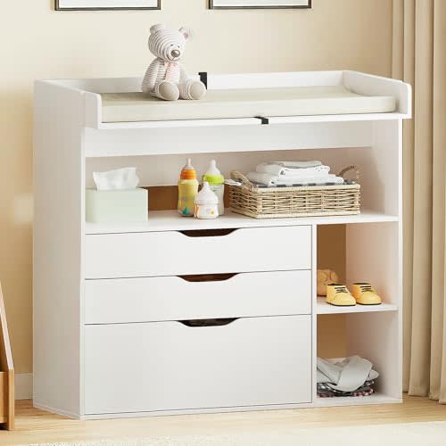 Pipleo Baby Changing Table Dresser with 3 Drawers and 3 Storage Shelves, Can be Used as a Baby Dresser with Changing Table Top, a Baby Changing Station, a Wood Diaper Changing Station (White)