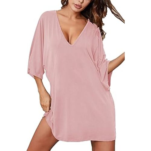 Ekouaer Women's Sleepshirt Deep V Neck Nightgown Batwing Nightshirt Oversized Sleepwear
