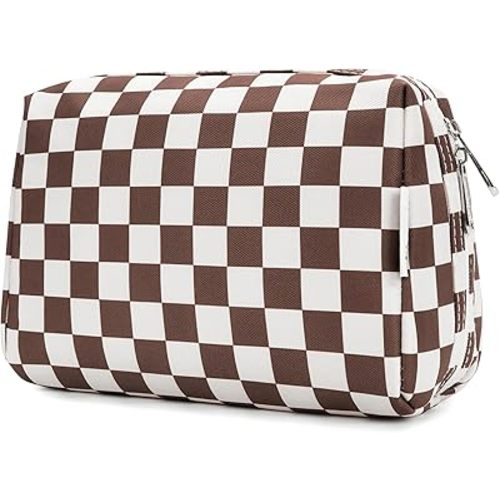 Narwey Checkered Makeup Bag Travel Cosmetic Bag Organizer Toiletry Bag Make Up Bags with Compartments for Women Girls (Large, Dark Checkerboard)