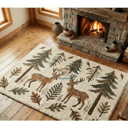 Hand-Tufted Deer Forest Rug – Rustic Pine Cabin Area Carpet, Wool Blend Home Decor