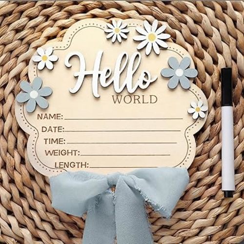 Amyhill Blue Bow Hello World Newborn Baby Sign Flower Baby Birth Announcement Sign with Pen Newborn Essentials Registry Personalized Wooden Hospital Board for Nursery Expectant Mothers