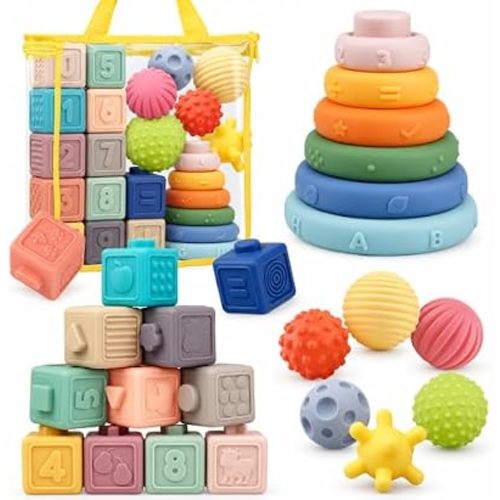Montessori Baby Toys 18M+, 24pc Stacking Rings, Soft Blocks & Sensory Balls