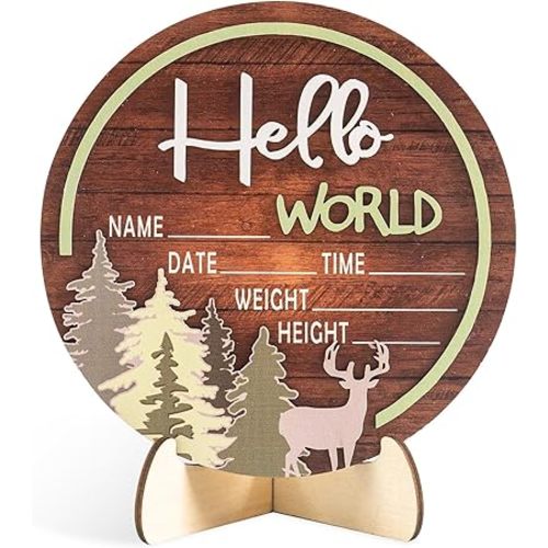 Baby Announcement Sign, Brown Wooden Hello World Newborn Sign with Stand, 3D Green Forest Tree Deer Name Board, Welcome Birth Decorations for Hospital Nursery New Baby Shower Photo Prop Gift