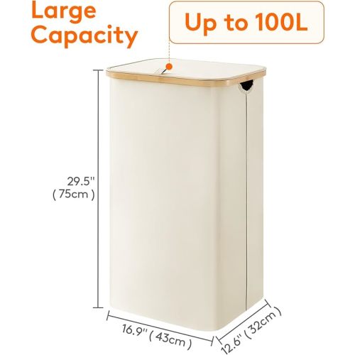 Lifewit 100L Laundry Basket with Lid, Clothes Hampers for Laundry with Bamboo Handles and A Removable Bag, Large Foldable Laundry Hamper for Bedroom, Bathroom, Dorm, Laundry Room, White