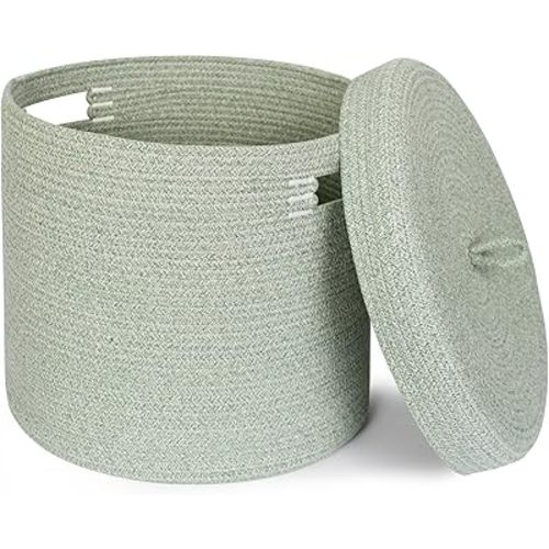 Storage Basket with Lid, Woven Blanket Storage for Living Room, Cotton Rope Bin with Lid, Round Wicker Laundry Basket with Cover, Lidded Kid Dog Toy Box, Nursery Organizer, 15"x13", Green