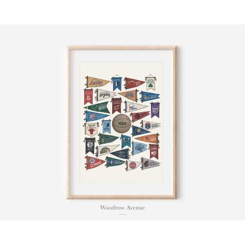 Vintage NBA Basketball Pennant Poster, NBA Team Wall Art, Retro Sports Decor