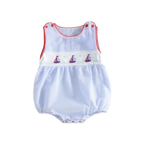 Newborn Baby Boy Girl Summer Bubble Romper Sailboat Embroidery Overalls Sleeveless Striped Bodysuit Beach Outfit