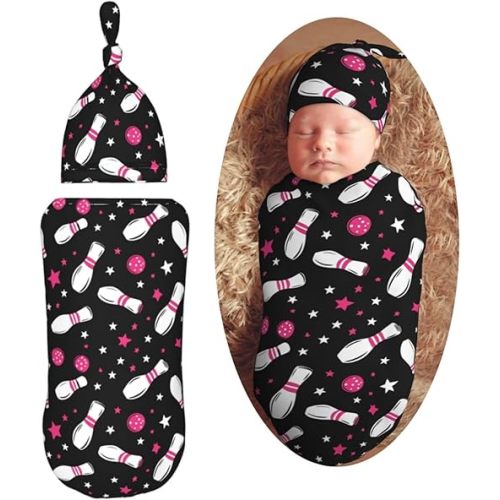 Bowling Fun Pattern Newborn Swaddle Blankets Hat Sets Soft Baby Receiving Blanket Swaddle Sack for Baby Shower Infant Boy Girl Gift