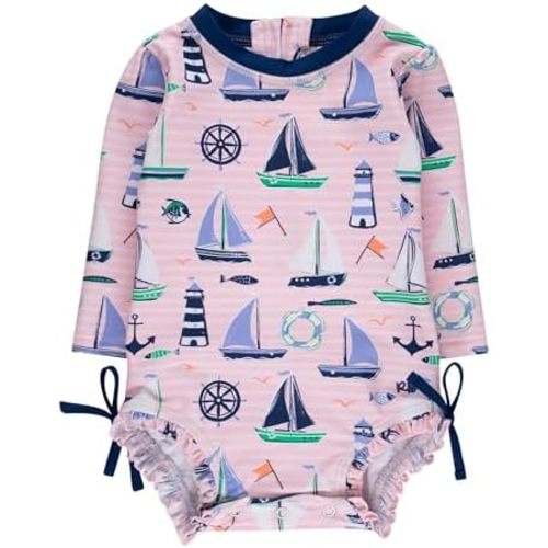 RuffleButts Baby Girls UPF 50+ Sun Protection Floral Printed Long Sleeve One Piece Rash Guard Swimsuit with Zipper