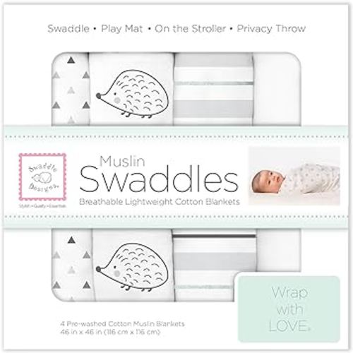 SwaddleDesigns Cotton Muslin Swaddle Blankets, Set of 4, Receiving Blankets for Baby Boys & Girls, Best Shower Gift, 46x46 inches, Black Hedgehogs