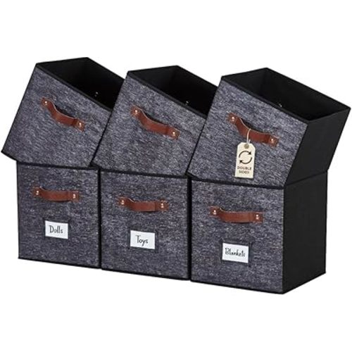 DECOMOMO Storage Bins, Cube Storage Bin with Labels, Fabric Storage Cubes for Shelves (10.5" x 11" / 6pcs, Black Pattern)