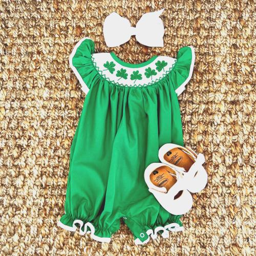 Shamrock Smocked Bubble Romper on Solid Green- St. Patrick's, Flutter Sleeve, Matching sibling, heirloom, vintage, baby girl smock 598 *B