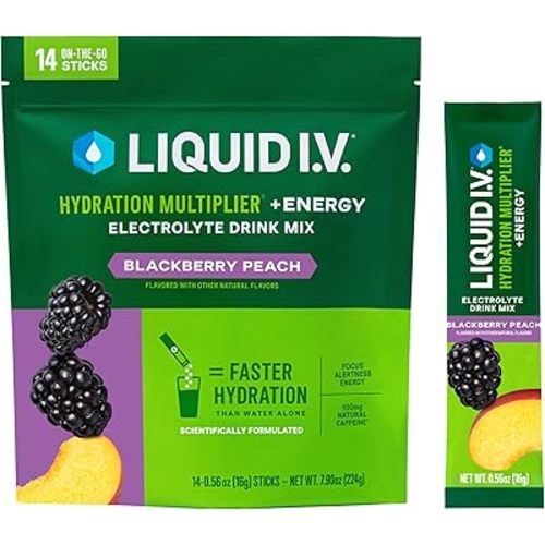 Liquid I.V.® Hydration Multiplier +Energy | Blackberry-Peach | Electrolyte Powder Drink Mix | 1 Pack (14 Servings)