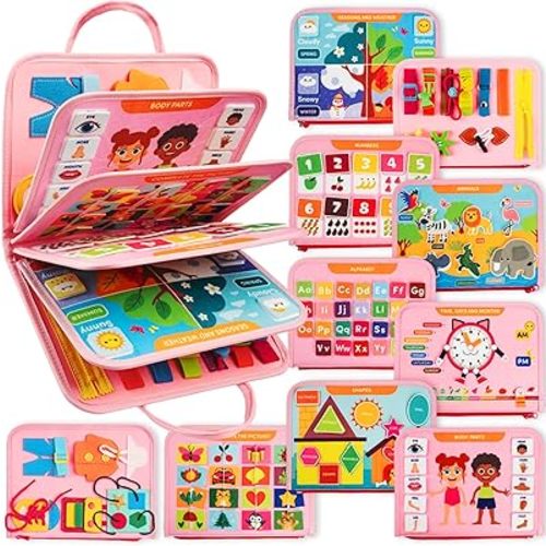 Busy Book for Toddlers 1-3 Year-Old – Baby Busy Board Book – Montessori Felt Activity Board for Learning Fine Motor Skills, Car Airplane Travel Toy – Birthday Gift for Girls Ages 1+