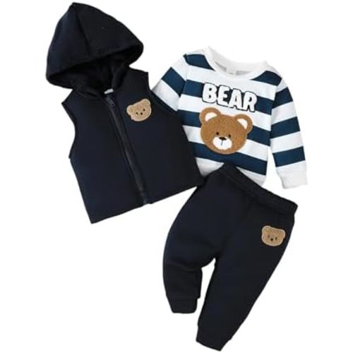 PUHHAPIEY Toddler Baby Boy Fleece Bear Outfit Warm Fall Winter 3Pcs Clothes