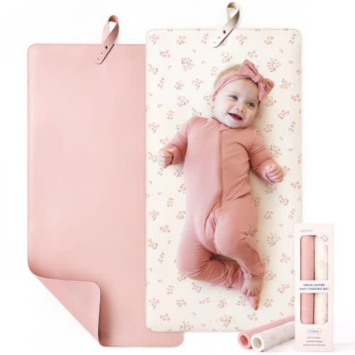Thickened Baby Changing Pad 2 Pack, Portable Travel Mat with Roll-up Design | Wipeable vegan leather. Anti-slip bottom for safety. No crease, easy storage. Perfect for on-the-go diaper changes.