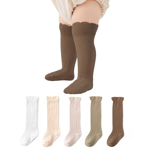 Zando Toddler Girls Knee High Socks 5-Pack, Soft Cotton Long Tube Ruffle Socks for Preemie Infant Newborn Toddler 0-3T