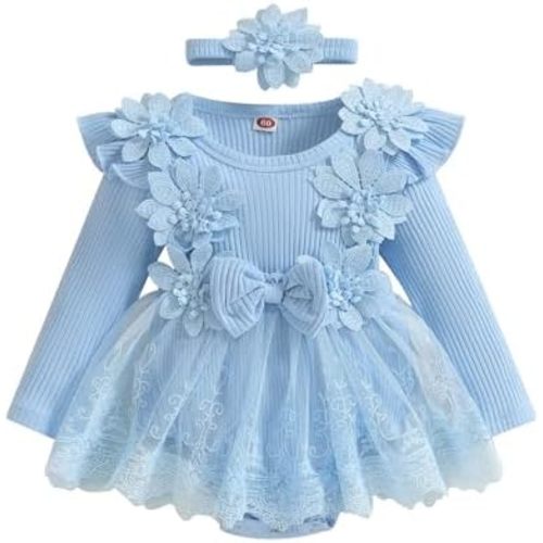 ZAXARRA Infant Baby Girl Romper Dress Baby Dress Romper Flowers Lace Fall Winter Clothes with Headband