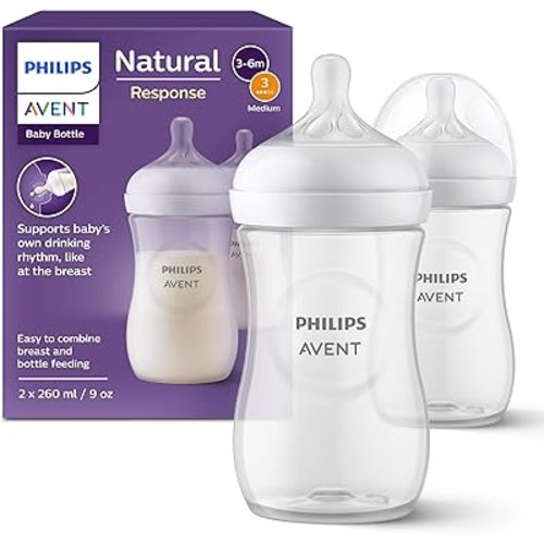 Philips Avent Natural Response Baby Bottles 9oz/260 ml with Medium Flow Teat (Flow 3), 2-Pack, SCY903/02