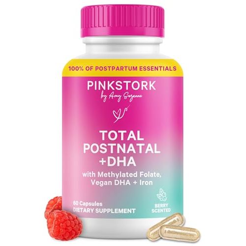 Pink Stork Total Postnatal Vitamins for Women with Vegan DHA, Iron, Folate, and Vitamin B12, Postpartum Recovery Essentials, Daily Supplement for Breastfeeding Moms - 1 Month Supply