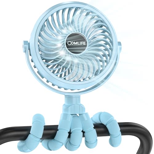 COMLIFE Baby Stroller Fan With Light, Rechargeable Battery Operated, Max 10Hrs Cooling, 3 Speeds, 360 Rotate USB Desk Fan, Flexible Tripod Clip On Fan for Stroller Car Seat Crib Treadmill Golf Cart