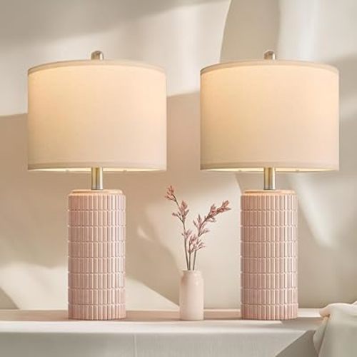 PoKat 23" Pink Ceramic Table Lamps Set of 2, Modern Bedroom Lamps for Girls Room, Bedside Lamps for Night Stands, Cute Lamps for Living Room Decor, Nightstands Desk Lamp, Pink
