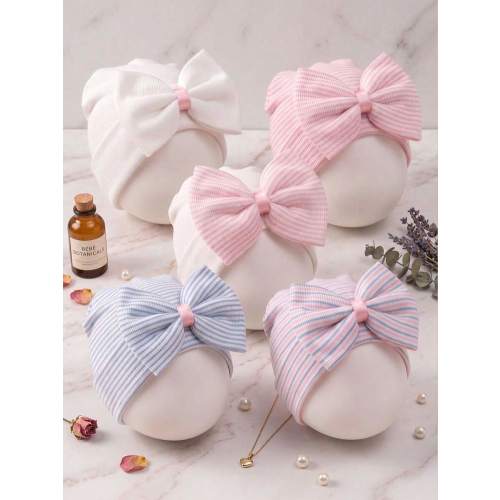 3/1pc Random Color Baby Girl Ribbed Beanie, Decorated With Cute 3D Bow & Flower Applique, Soft Breathable Infant Headwrap, 0-12 Months Newborn Soft Elastic Headband Hat, 3D Flower & Bow Decoration, Lively And Cute, Baby Turban Hat, Infant Beanie, Newborn 