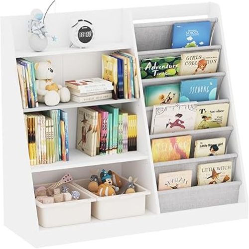 White Kids Bookshelf Wood Toy Storage Organizer Cabinet Children Bookcase Toddler Baby Sling Book Rack Adjustable Shelf for Playroom Bedroom Nursery Hallway School Kindergarten