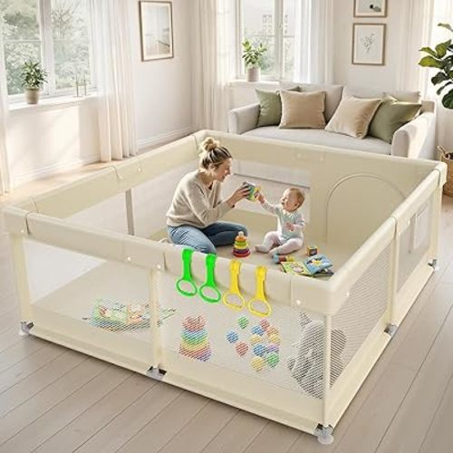 ZEEBABA Beige Baby Playpen 59x59 in, Playpen for Babies and Toddlers, Play Pen for Kids, Play Yard for Infants with Gate (Without mat)