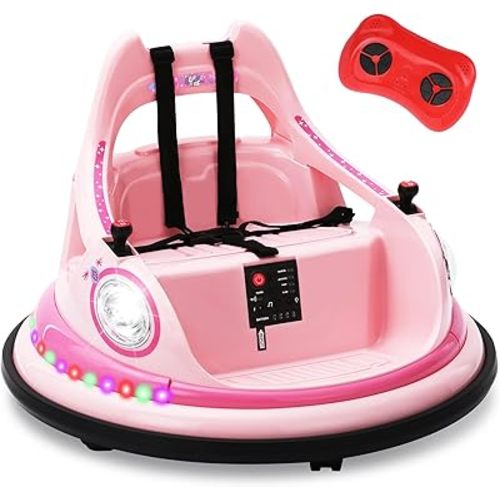 12V Kids Electric Bumper Car for Toddlers – Kiddokidz Ride-On Toy with Parent Remote, 360° Spin, Lights & Sounds, 2 PCS DIY Stickers, 2-Speed, Pink