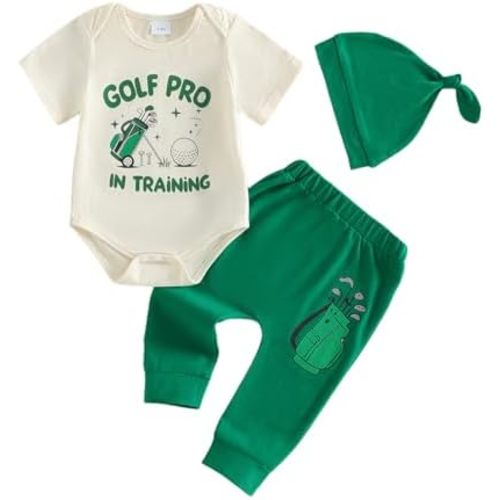 Muasaaluxi Newborn Baby Boy Golf Outfit Short Sleeve Little Golfer Embroidery Romper Long Pants Hat 3Pcs Summer Clothes